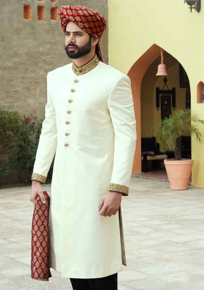 cool white pakistani mens wedding sherwani barat dresses 2017 with red turban