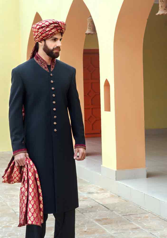 latest black pakistani mens wedding sherwani barat dresses 2017 with red turban and patka