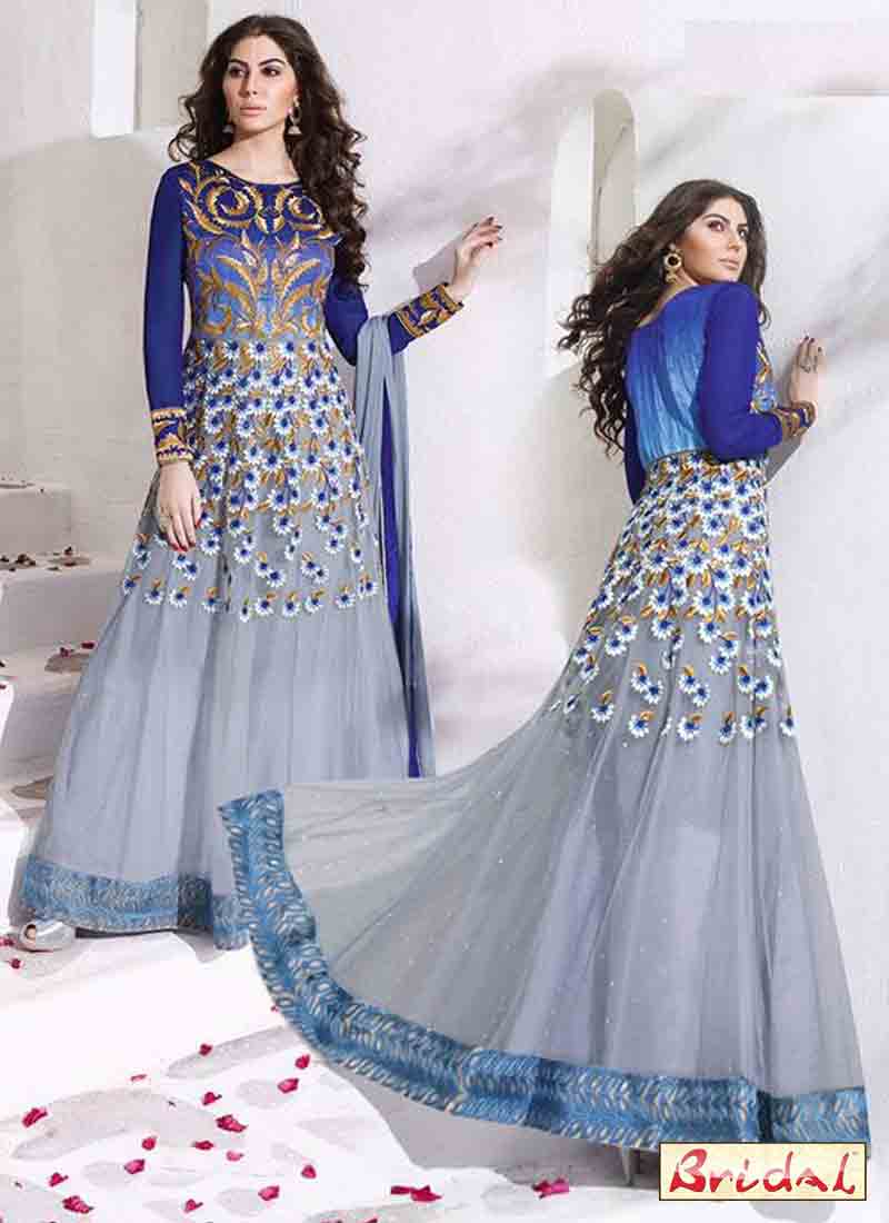 new trendy blue and grey latest indian anarkali frocks and salwar suit dress designs 2017 floor length frock