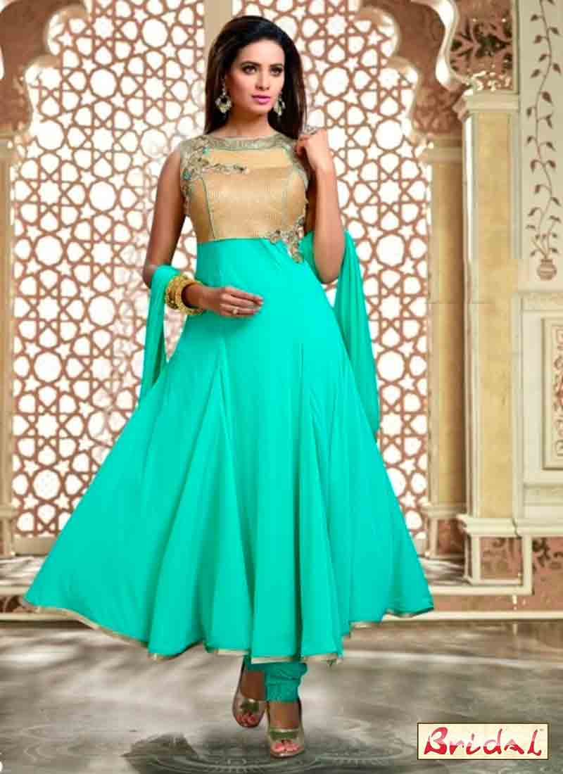 cool sea green and golden latest indian anarkali frocks and salwar suit dress designs 2017 with matching dupatta