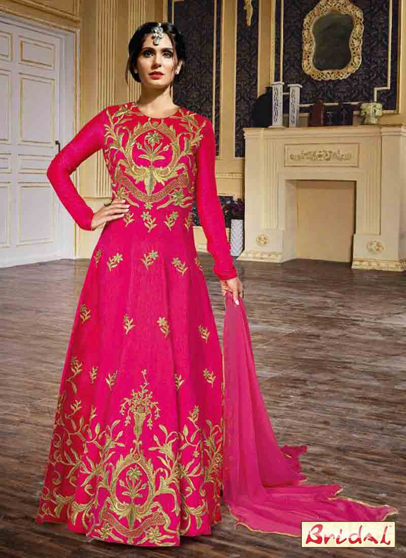 new shocking pink latest indian anarkali frocks and salwar suit dress designs 2017 with matching duapatta for wedding party