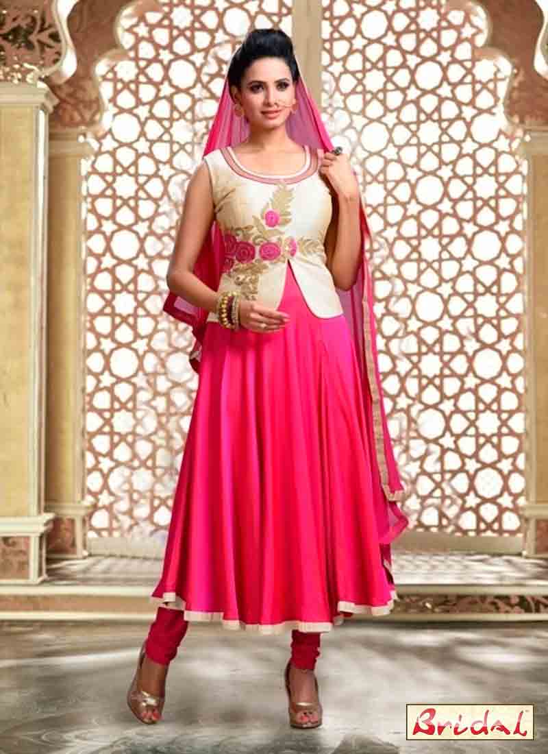 best shocking pink latest indian anarkali frocks and salwar suit dress designs 2017 with matching dupatta