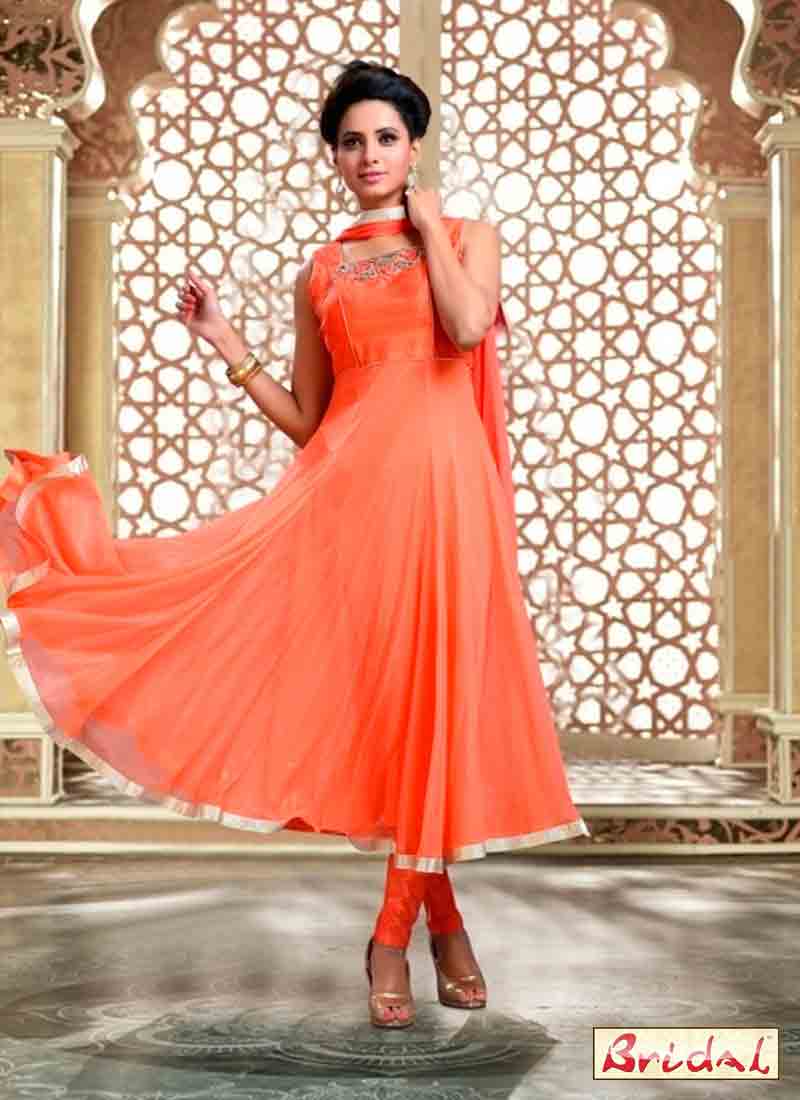 new orange latest indian anarkali frocks and salwar suit dress designs 2017 with dupatta and churidar for party