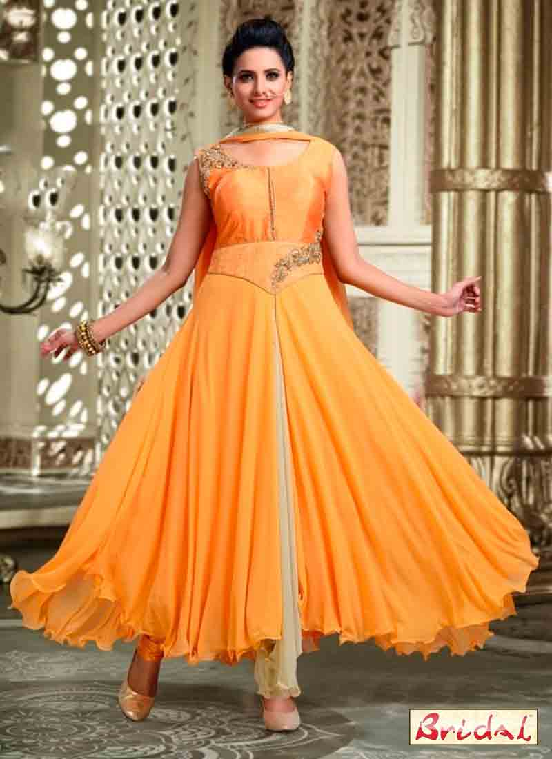 best light orange latest indian anarkali frocks and salwar suit dress designs 2017 with dupatta for party