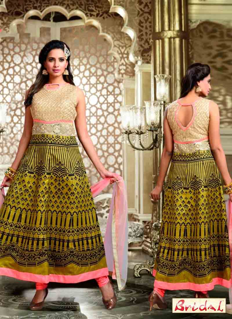 best mehndi green and beige latest indian anarkali frocks and salwar suit dress designs 2017 for party