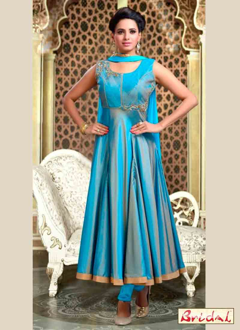 stylish light blue and ferozi latest indian anarkali frocks and salwar suit dress designs 2017 with dupatta