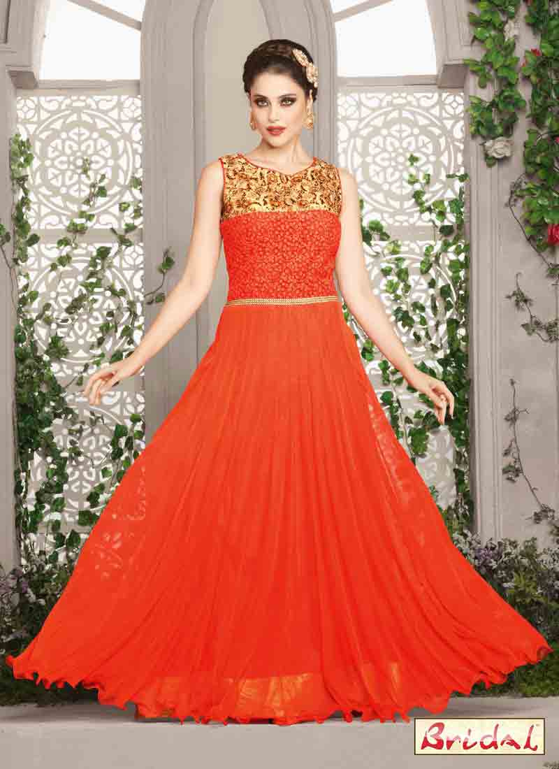 new trendy orange and golden latest indian anarkali frocks and salwar suit dress designs 2017 floor length frock for party