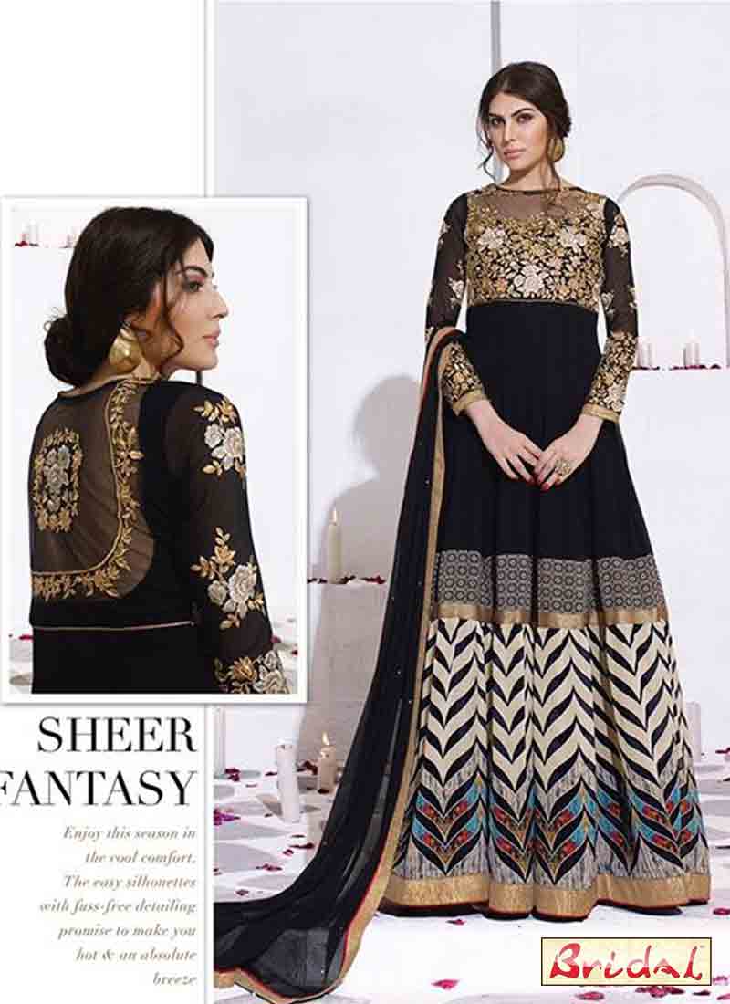 classy black white and golden latest indian anarkali frocks and salwar suit dress designs 2017 with black dupatta