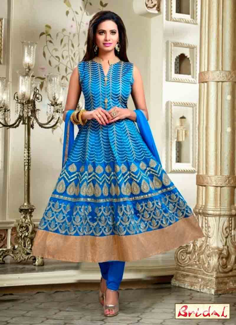 stylish blue latest indian anarkali frocks and salwar suit dress designs 2017 with matching dupatta and churidar