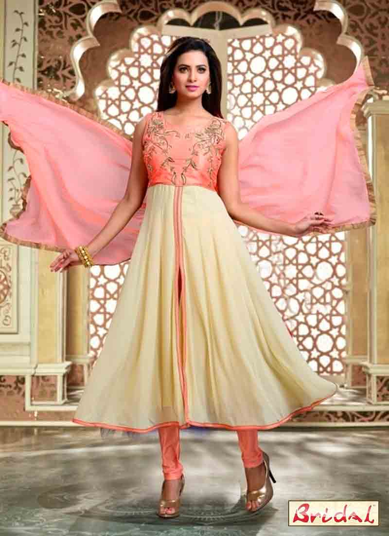 trendy light pink and off white latest indian anarkali frocks and salwar suit dress designs 2017 with matching dupatta