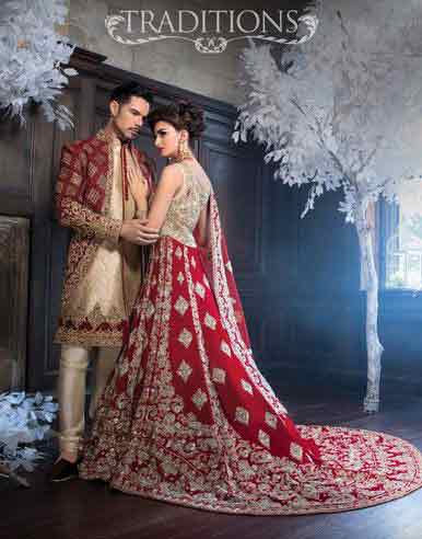 Bridal in long tail red and silver lehnga choli and groom in matching red and cream sherwani with pajama latest indian and pakistani wedding matching dress combinations for bride and groom 2017