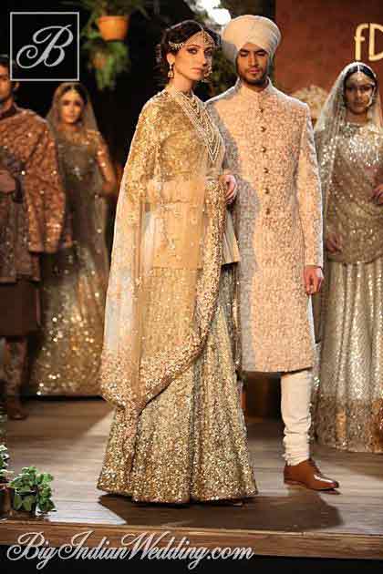 Bridal in cream dress with dupatta and groom in matching short sherwani latest indian and pakistani wedding matching dress combinations for bride and groom 2017