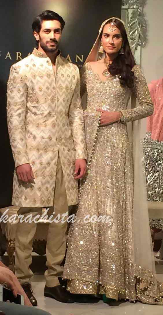 Bridal in cream dress with dupatta and groom in matching short sherwani latest indian and pakistani wedding matching dress combinations for bride and groom 2017