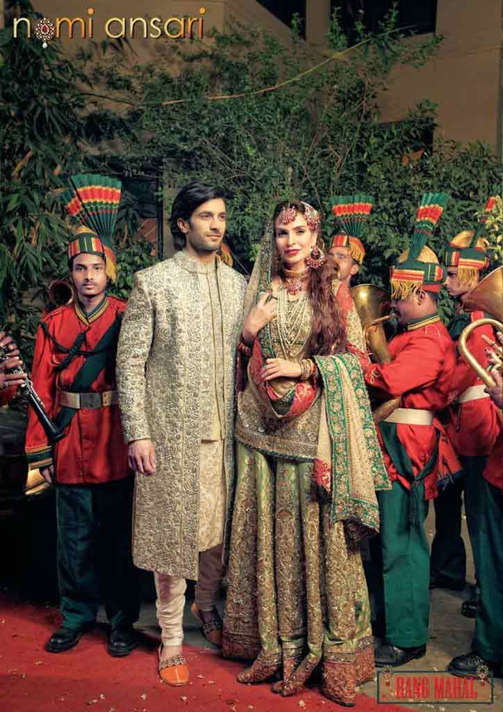 Bridal in mint green dress with dupatta and groom in matching sherwani with pajama latest indian and pakistani wedding matching dress combinations for bride and groom 2017