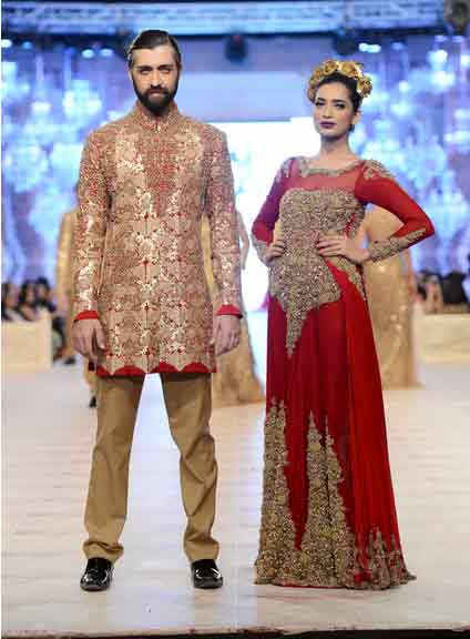 bridal in gorgeous red blood embroidered long dress and groom in matching embroidered skin and red short sherwani with skin trouser latest indian and pakistani wedding matching dress combinations for bride and groom 2017