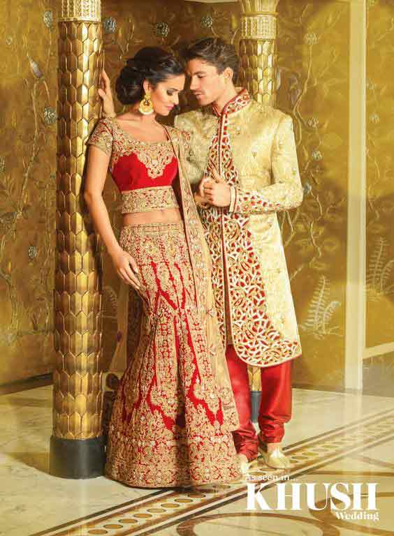 Bridal in red lehnga choli and groom in golden sherwani with red pajama latest indian and pakistani wedding matching dress combinations for bride and groom 2017