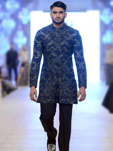 Latest stylish blue and silver embroidery with black trouser new short sherwani styles 2017 sherwani for men in pakistan 