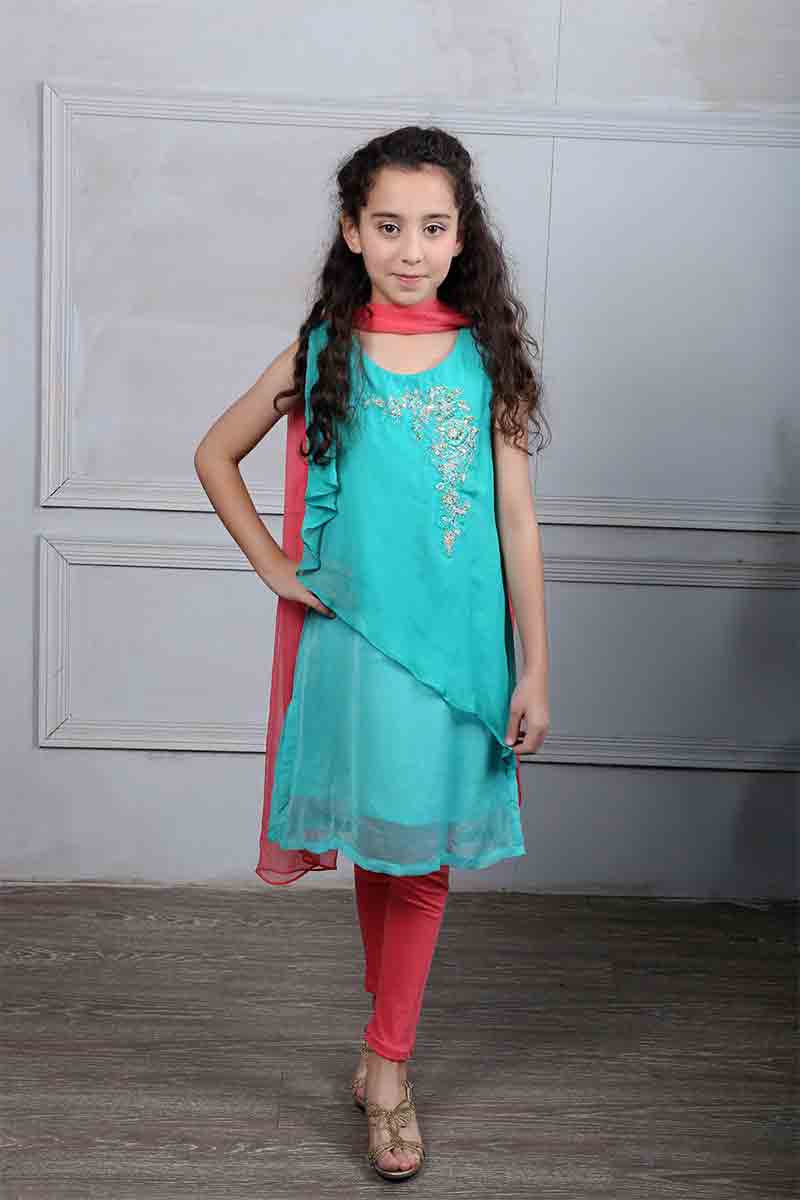 Latest light blue party dress with dupatta and pajama for Pakistani little girls Mariab kids party dresses 2017 for wedding