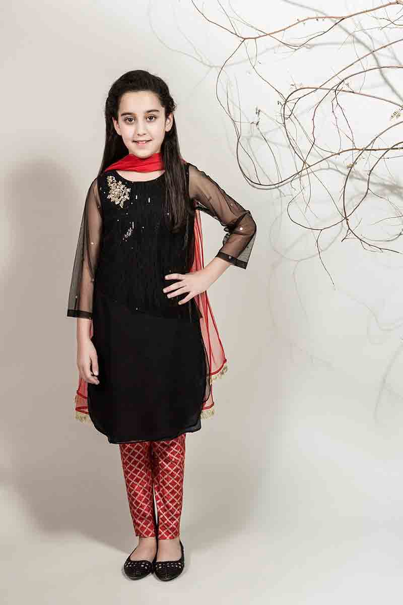 Latest red and black party dress with dupatta and pajama for Pakistani little girls Mariab kids party dresses 2017 for wedding
