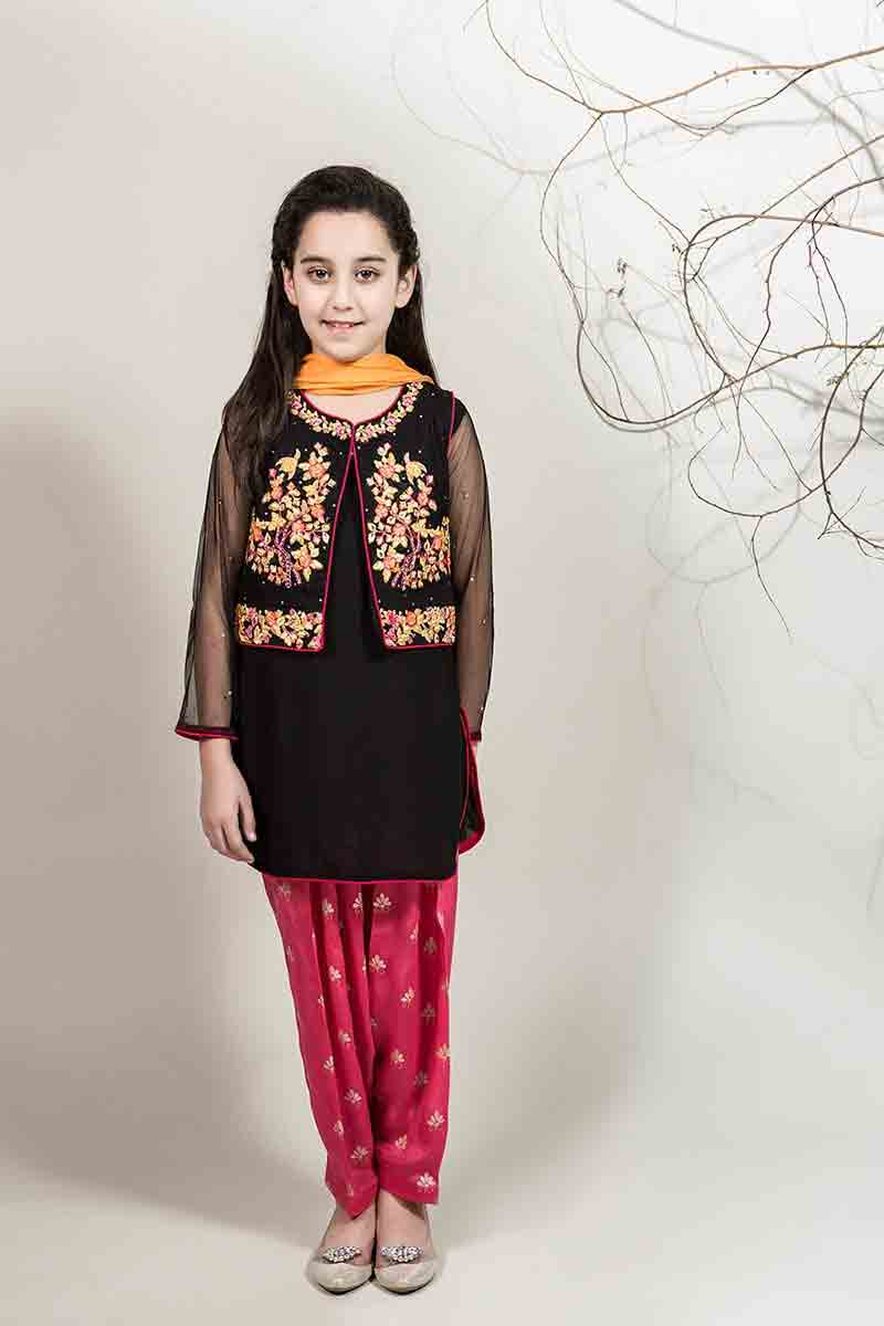 New black shirt with jacket and pink shalwar with yellow dupatta for Pakistani little girls Mariab kids party dresses 2017 for wedding