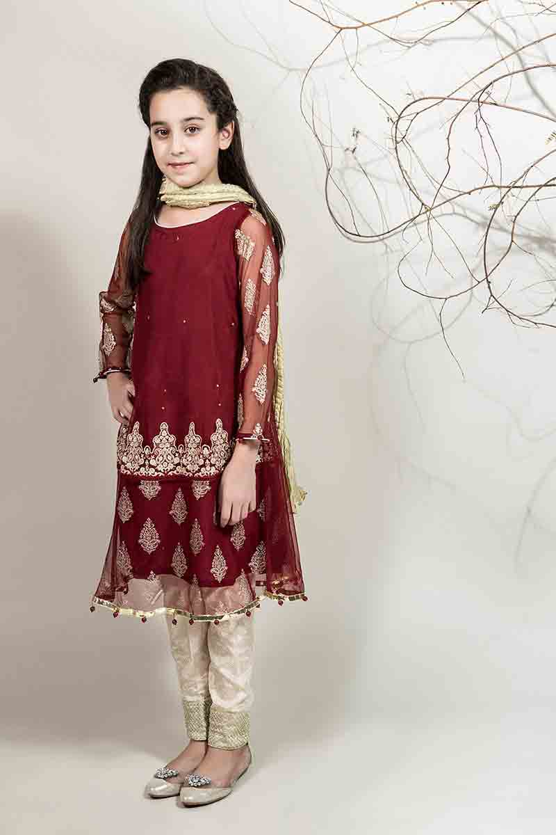 Best maroon and golden embroidered party dress with dupatta and pajama for Pakistani little girls Mariab kids party dresses 2017 for wedding