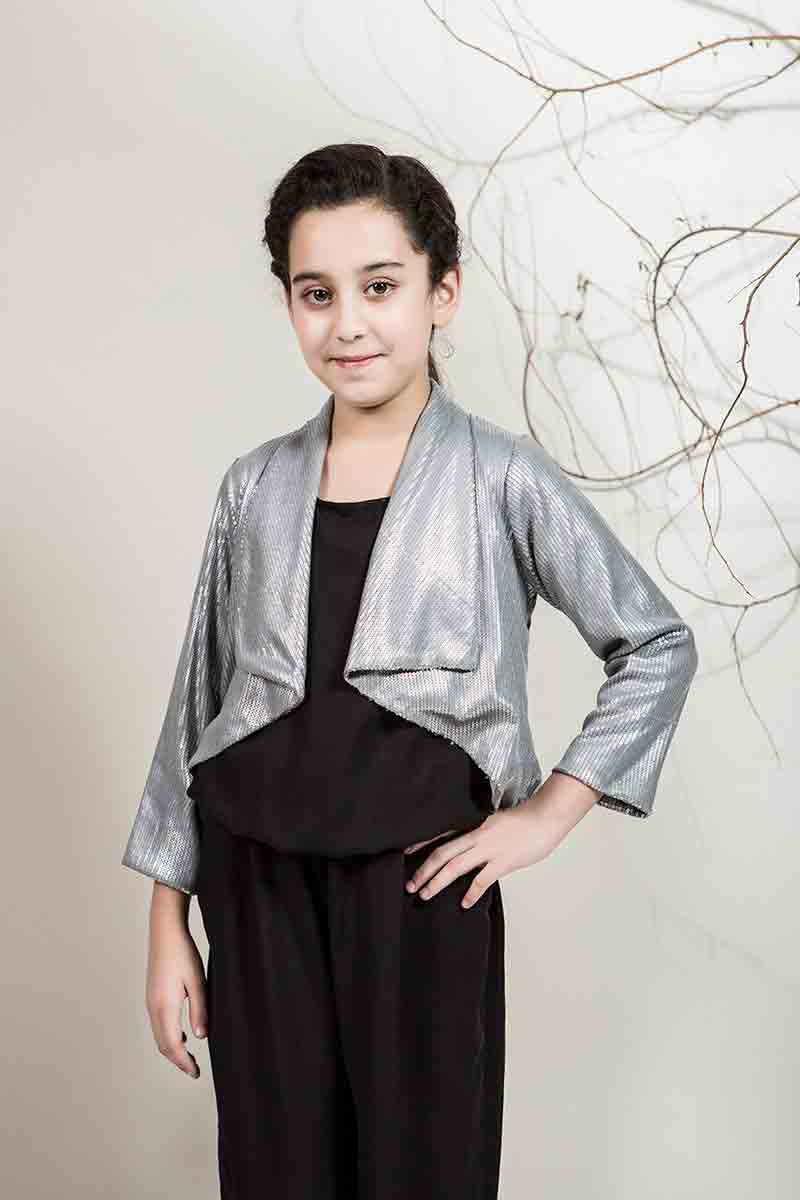 Stylish black jumpsuit with silver jacket for Pakistani little girls Mariab kids party dresses 2017 for wedding