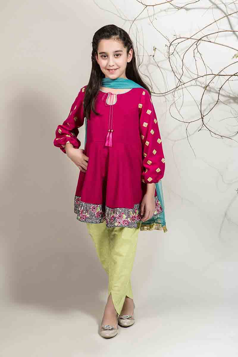 Best shocking pink with yellow pajama and green dupatta for Pakistani little girls Mariab kids party dresses 2017 for wedding