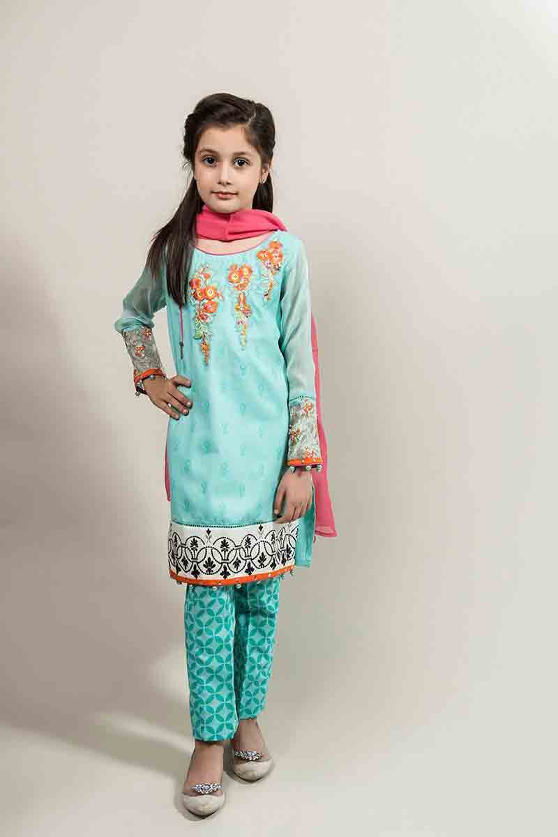 Best sky blue and pink shirt with trouser for Pakistani little girls Mariab kids party dresses 2017 for wedding