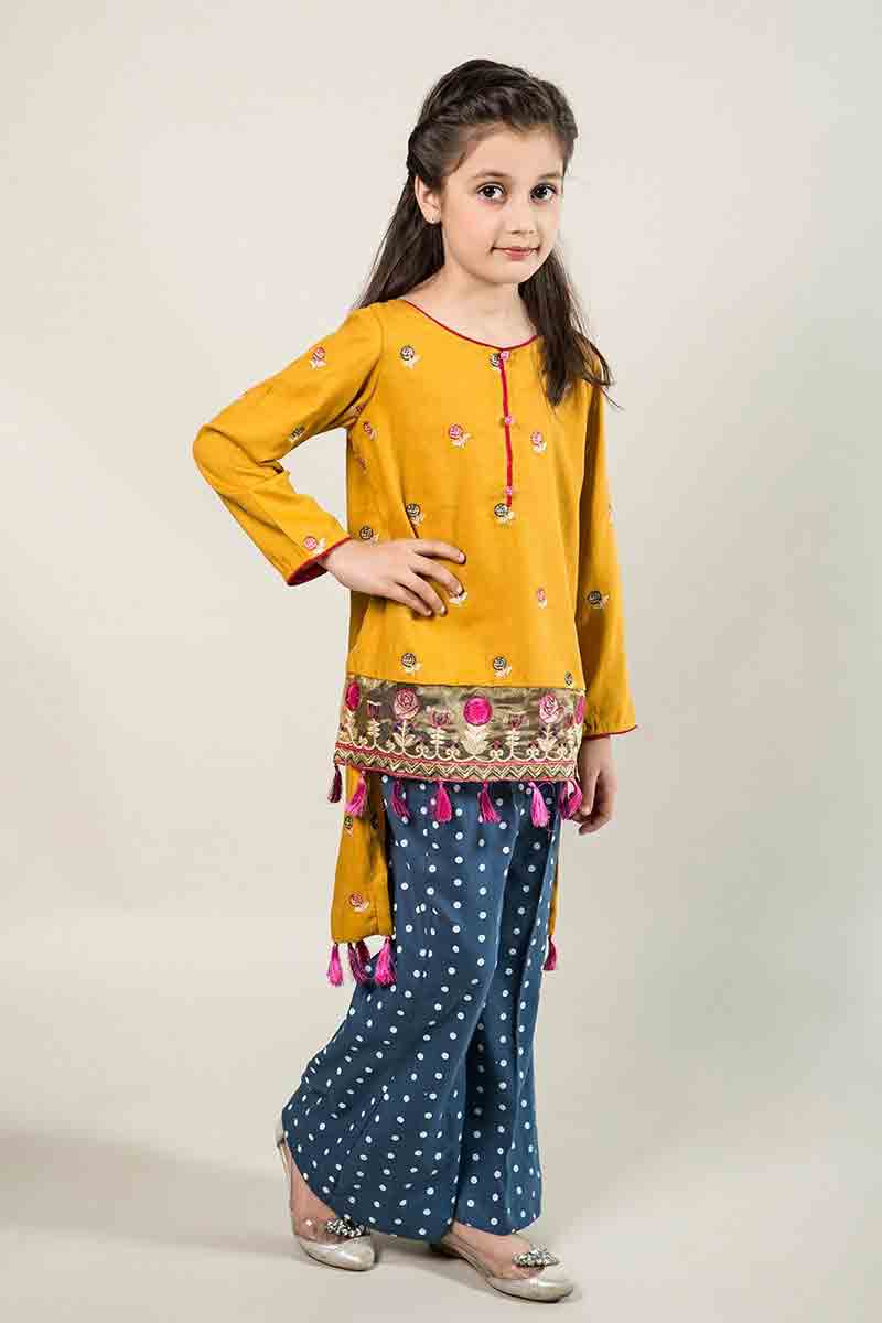 Latest yellow and blue short shirt with trouser for Pakistani little girls Mariab kids party dresses 2017 for wedding