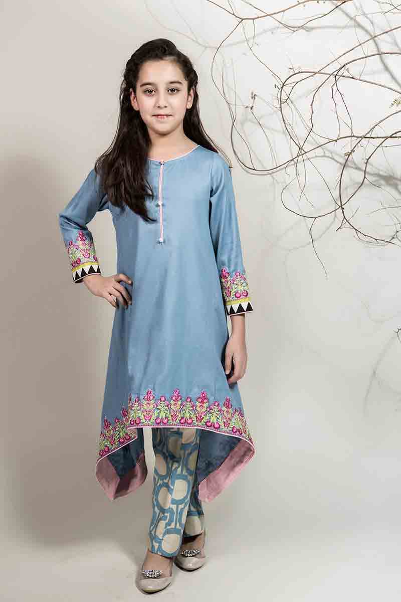 Latest sky blue long shirt for Pakistani little girls Mariab kids party dresses 2017 for wedding