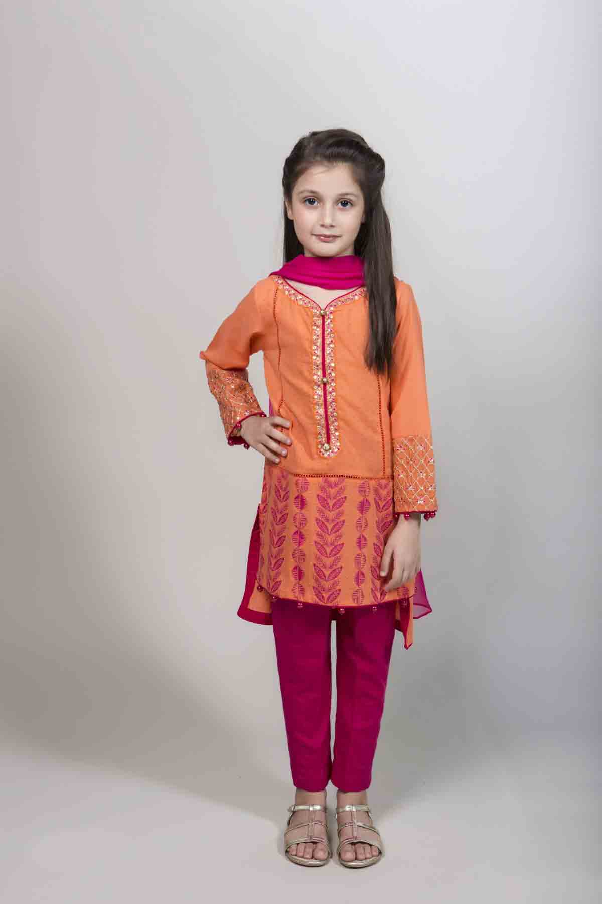 Latest orange and pink kameez kurti for pakistani girls Mariab kids party dresses 2017 for wedding