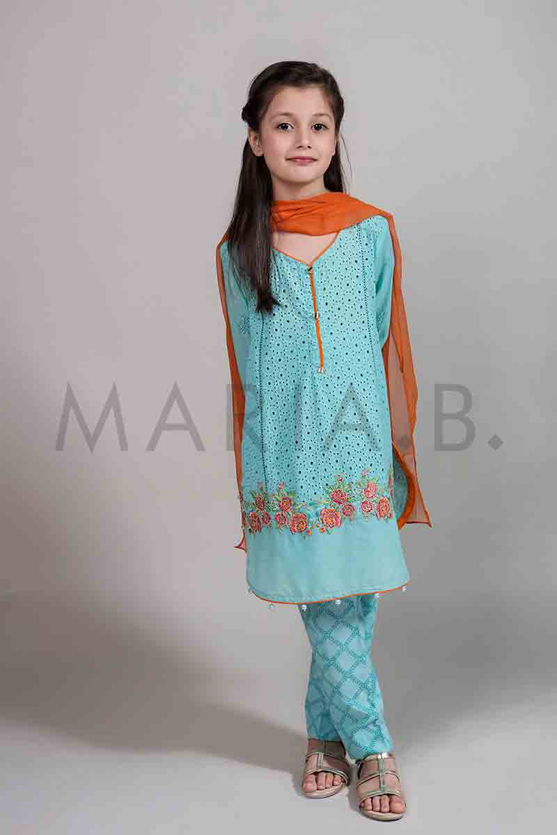 Best ferozi or sky blue kameez kurti with orange dupatta Mariab kids party dresses 2017 for wedding