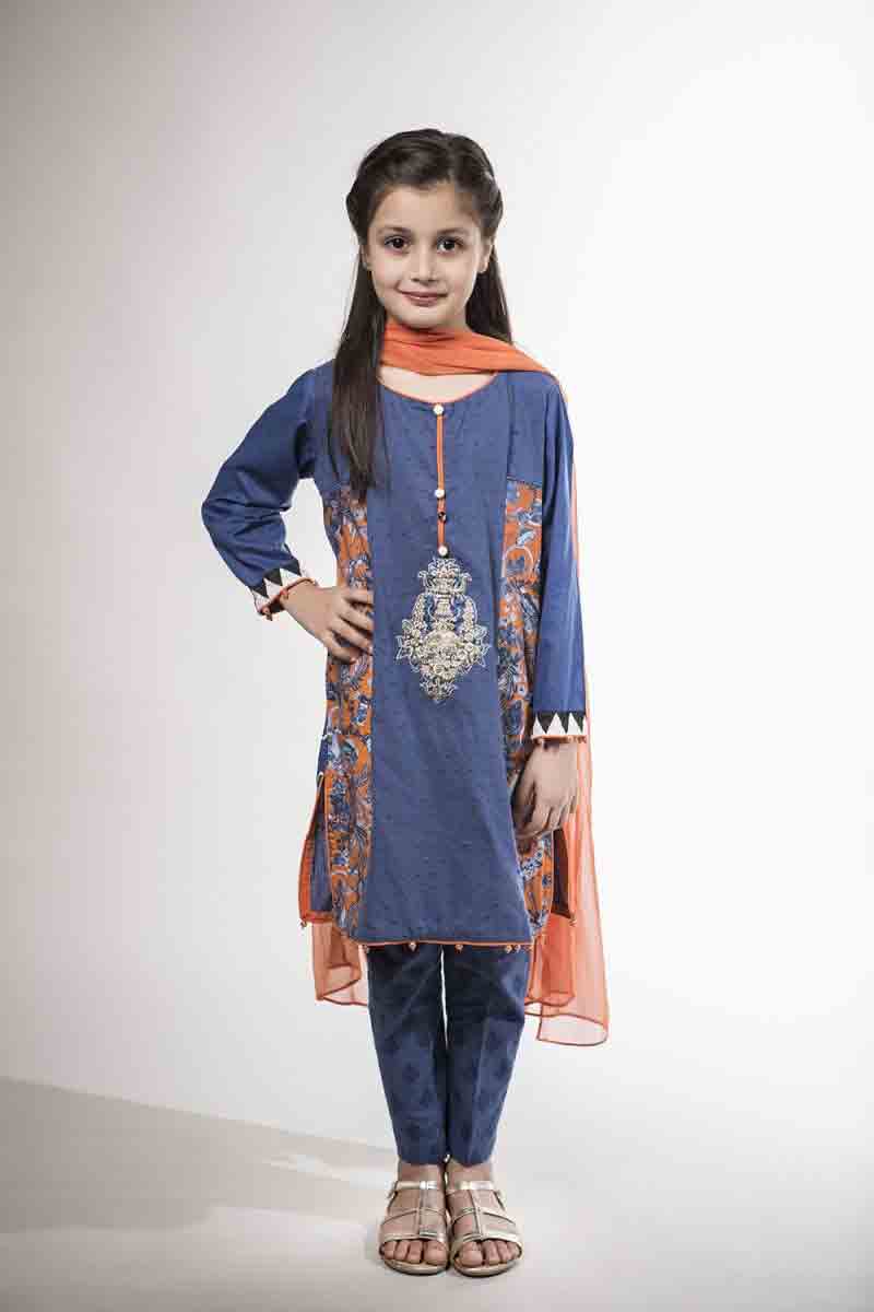 new blue kameez kurti with orange dupatta for little girls Mariab kids party dresses 2017 for wedding