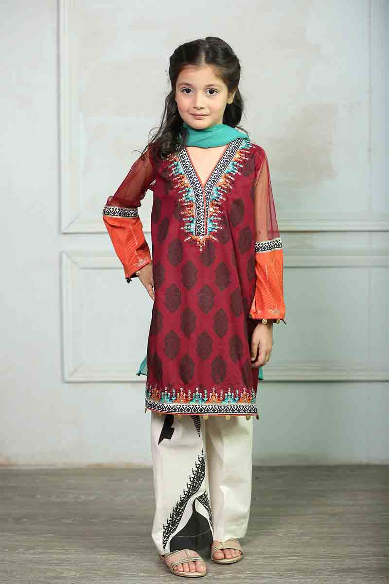 Latest little girls maroon and white kameez shalwar kurti Mariab kids party dresses 2017 for wedding