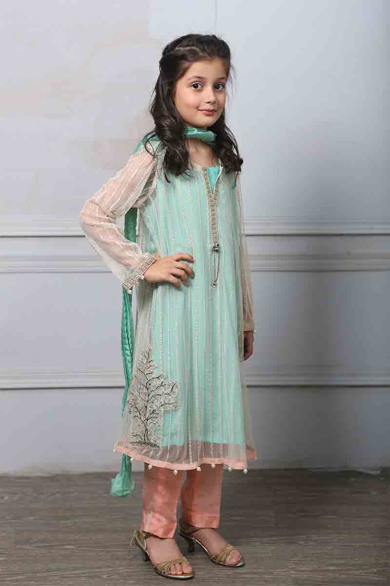 New light blue long frock with dupatta and pajama for Pakistani little girls Mariab kids party dresses 2017 for wedding
