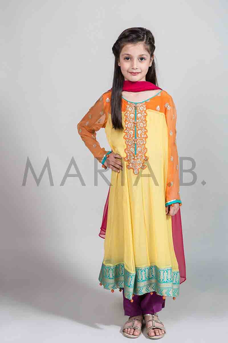 Latest yellow long frock with shocking pink dupatta for Pakistani little girls Mariab kids party dresses 2017 for wedding