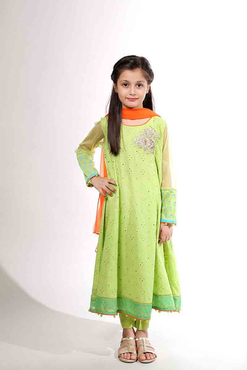 Light green long frock with orange dupatta for Pakistani little girls Mariab kids party dresses 2017 for wedding