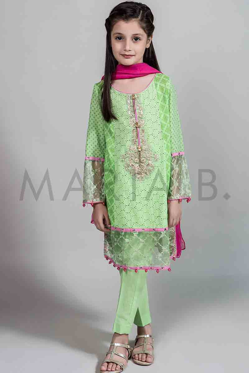 New mint green embroidered shirt with shocking pink dupatta for Pakistani little girls Mariab kids party dresses 2017 for wedding