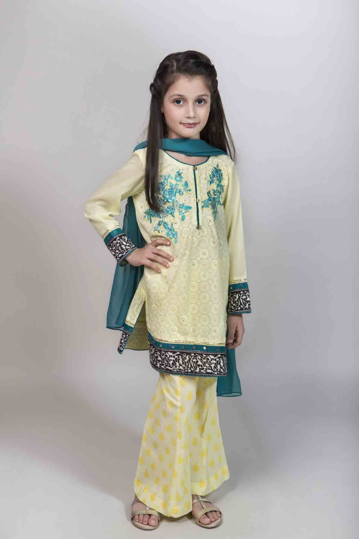 Latest yellow shirt with trouser and dupatta for Pakistani little girls Mariab kids party dresses 2017 for wedding