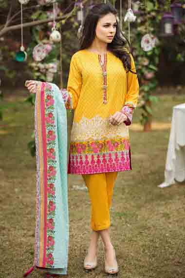 new yellow and pink short shirt with ferozi and pink matching dupatta by alkaram new summer lawn dresses 2017 for Pakistani girls