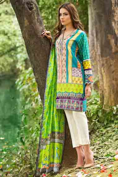 alkaram ferozi yellow short shirt with white pajama and matching green dupatta new summer lawn dresses 2017 for Pakistani girls