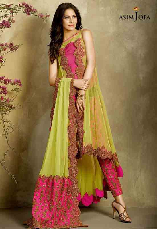 new asim jofa long yellow frock with pink pajama and dupatta new summer lawn dresses 2017 for Pakistani girls