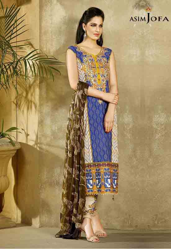 latest asim jofa blue long shirt with brown matching dupatta new summer lawn dresses 2017 for Pakistani girls