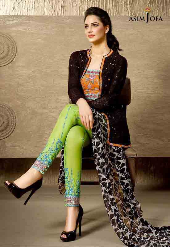 best asim jofa orange shirt with black jacket and green pajama new summer lawn dresses 2017 for Pakistani girls