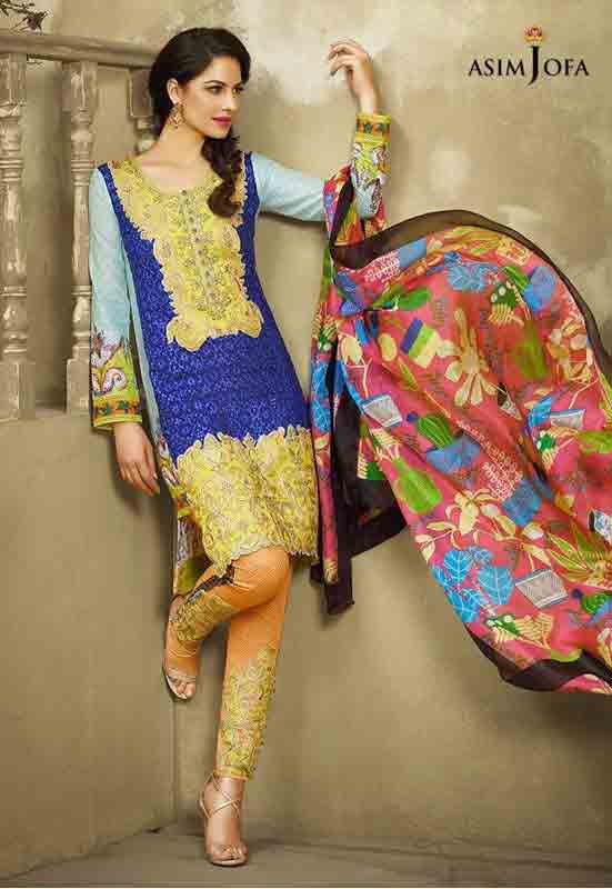 latest asim jofa yellow and blue shirt with pajama and matching dupatta new summer lawn dresses 2017 for Pakistani girls