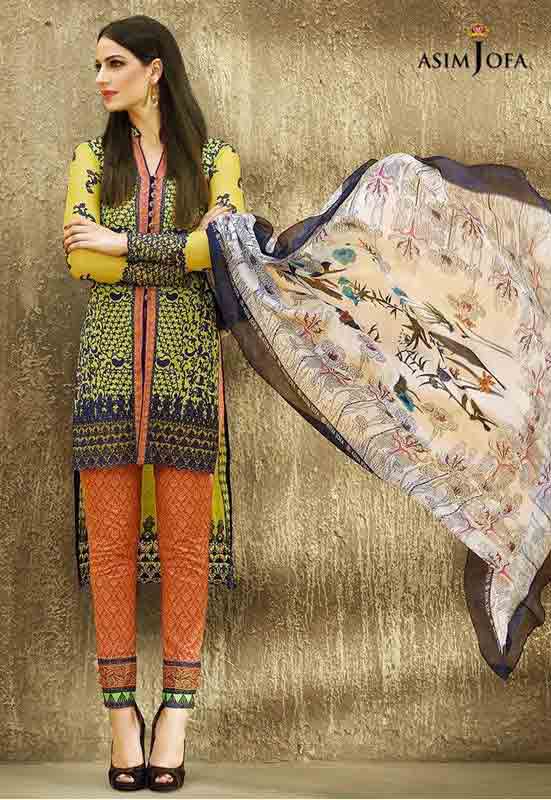 best asim jofa yellow and green shirt with orange pajama and matching dupatta new summer lawn dresses 2017 for Pakistani girls