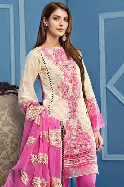 new gulahmed white and pink embroidered shirt with matching dupatta new summer lawn dresses 2017 for Pakistani girls