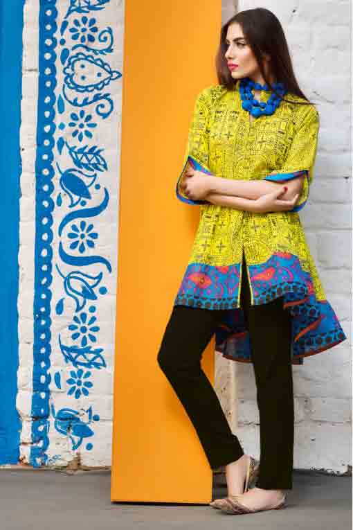 best khaadi yellow and blue short frock with black pajama new summer lawn dresses 2017 for Pakistani girls