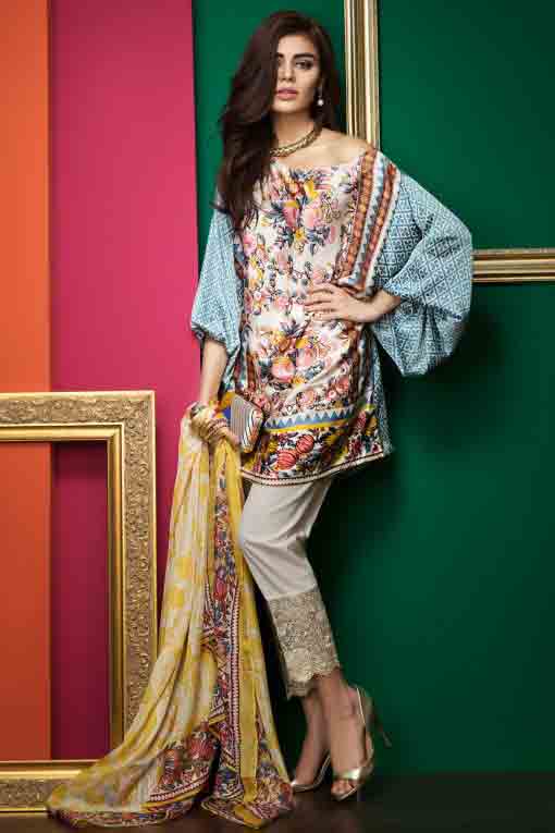 latest khaadi digital print ferozi short shirt with white trousers and matching yellow dupatta new summer lawn dresses 2017 for Pakistani girls