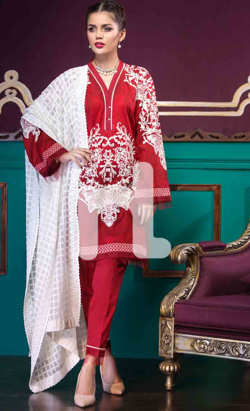 Latest white and red girls eid dresses 2017 in Pakistan by Nishat Linen